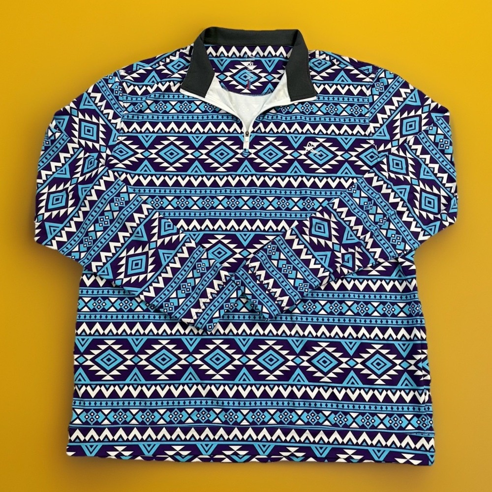 Rhoback Performance Mens XXL Blue Tribal Geometric AOP Quarter Zip Top Golf Run